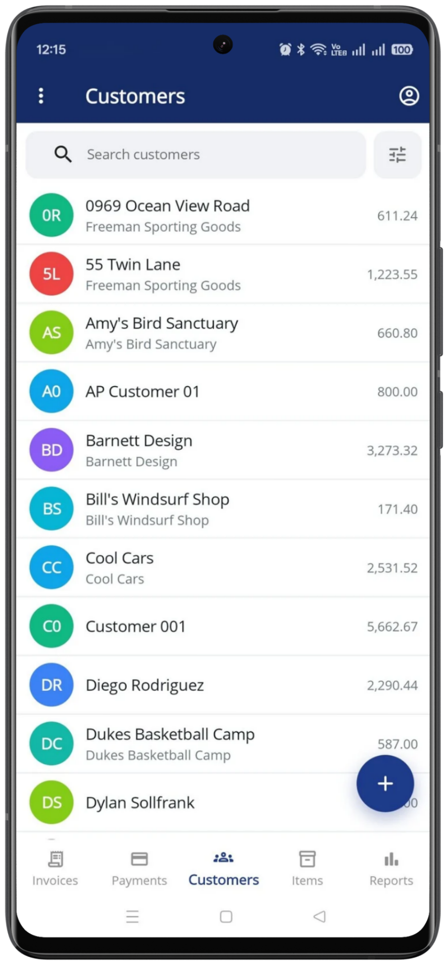 The customers screen of the MyCloudBook mobile app on an Android phone