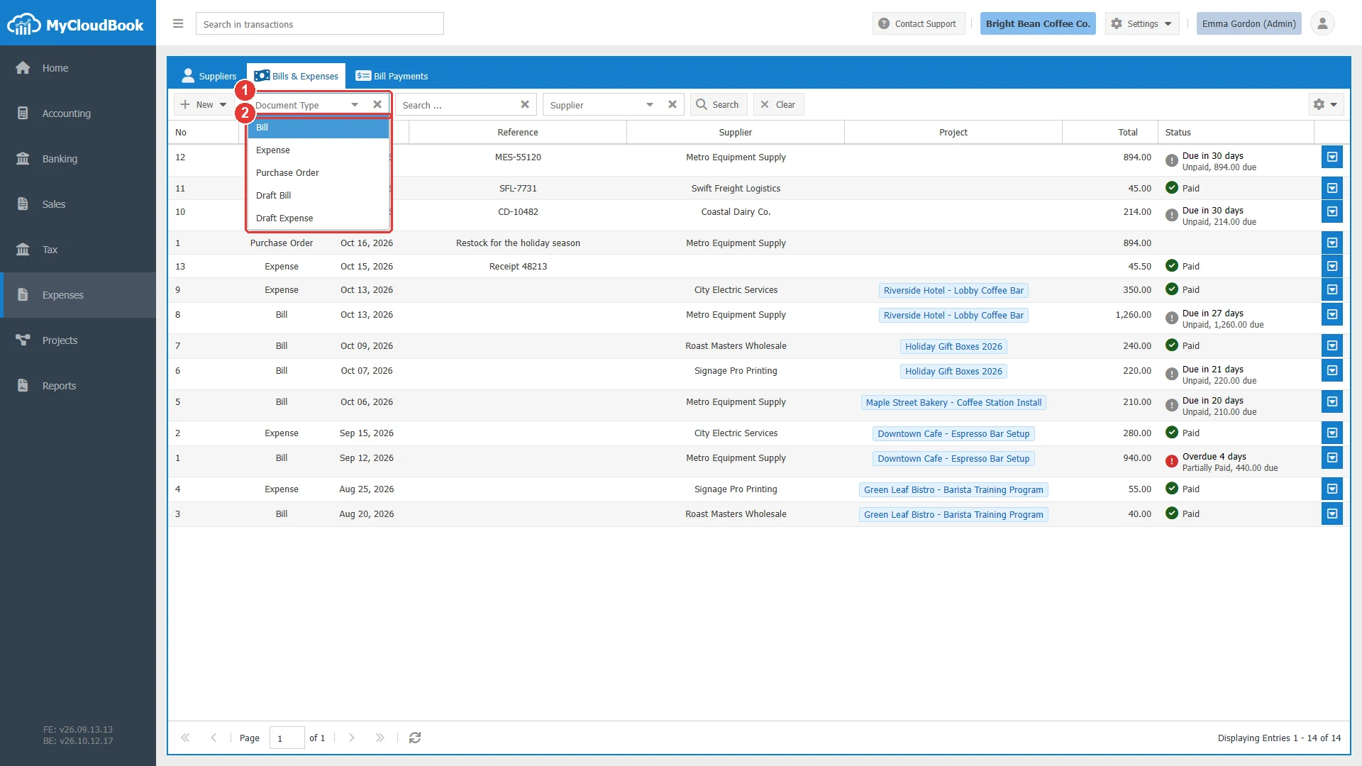 The Document Type filter of the Bills and Expenses list, open with the values Bill, Expense, Purchase Order, Draft Bill and Draft Expense.