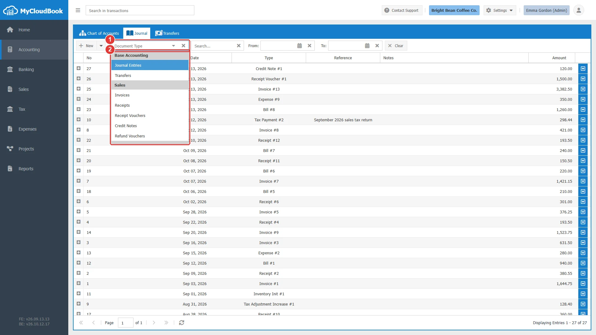 The Document Type list of the Journal screen open, with the types grouped by module.